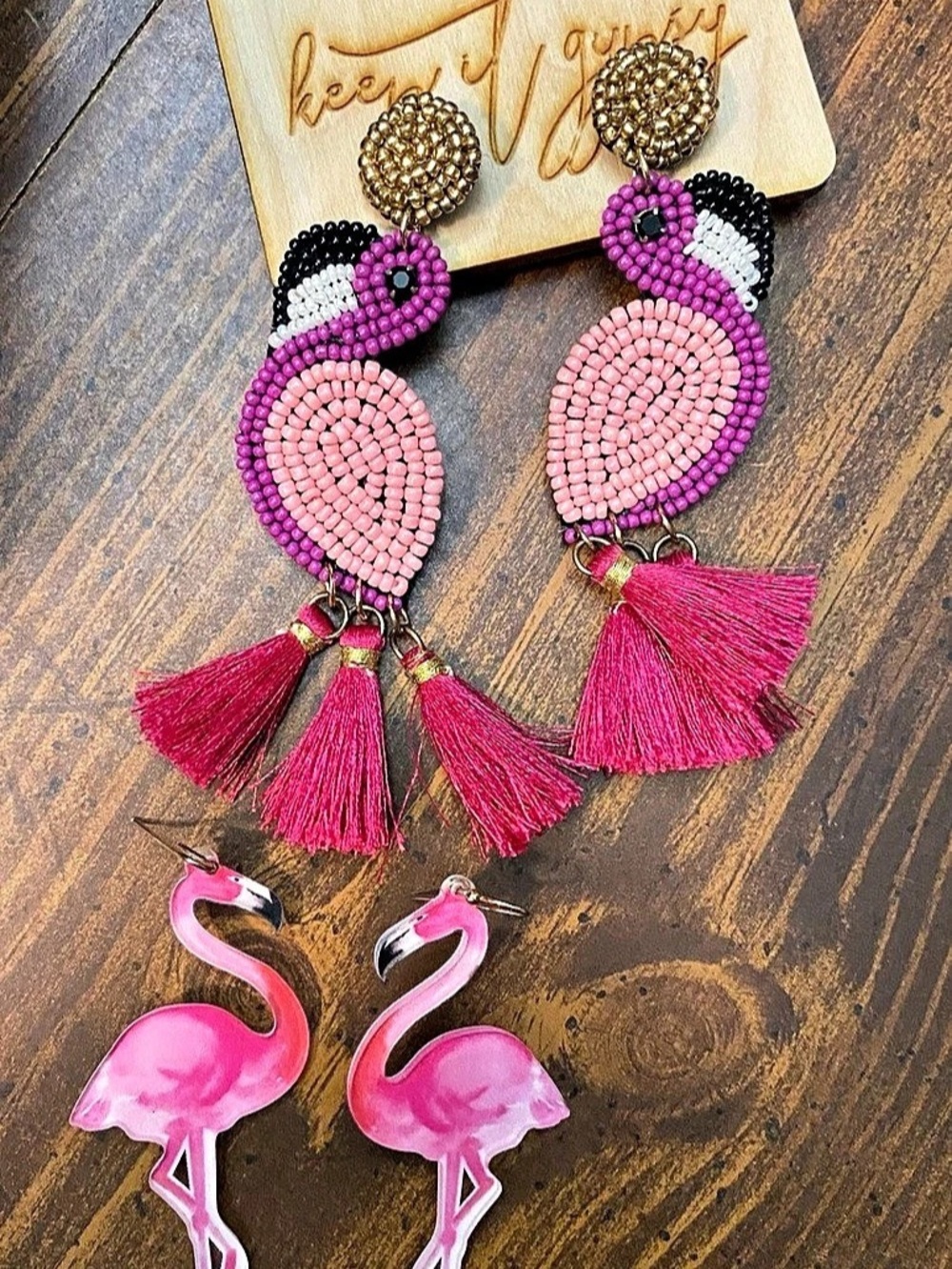 Keep It gypsy Pink Beaded Tassel Flamingo Earrings Like New set of 2